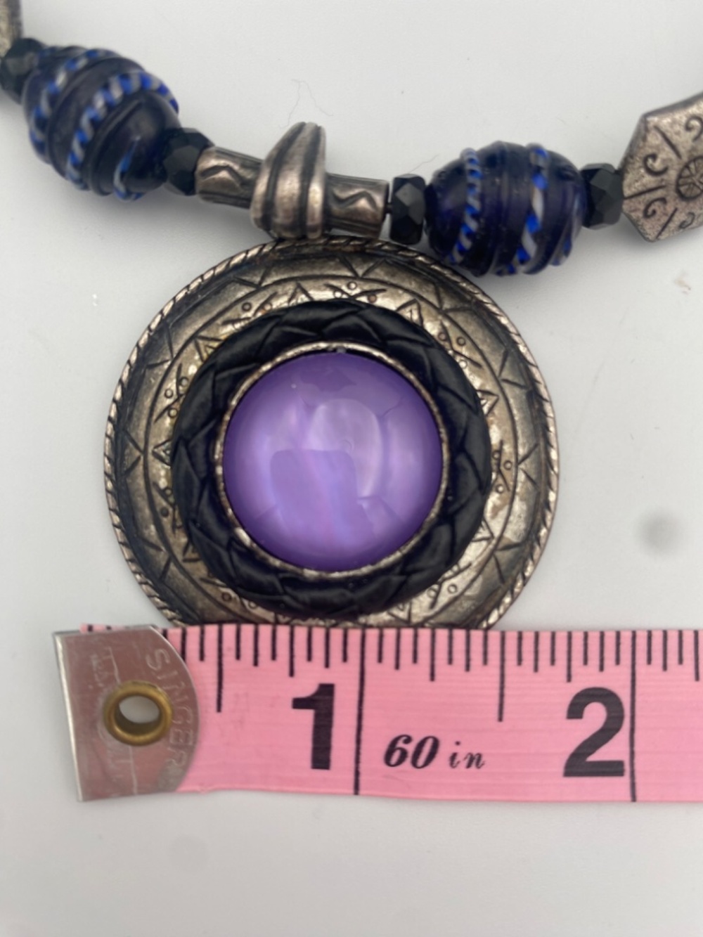 Vintage Statement Purple Stone Medallion Necklace Black Braid Cord - Picture 11 of 11